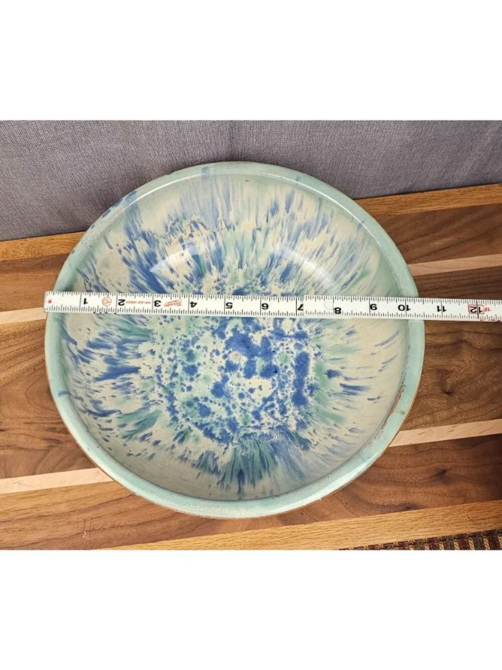 Cowans Pottery Arden N.C. Large Blue Green Drip Glaze Ceramic Mixing Bowl 12 In